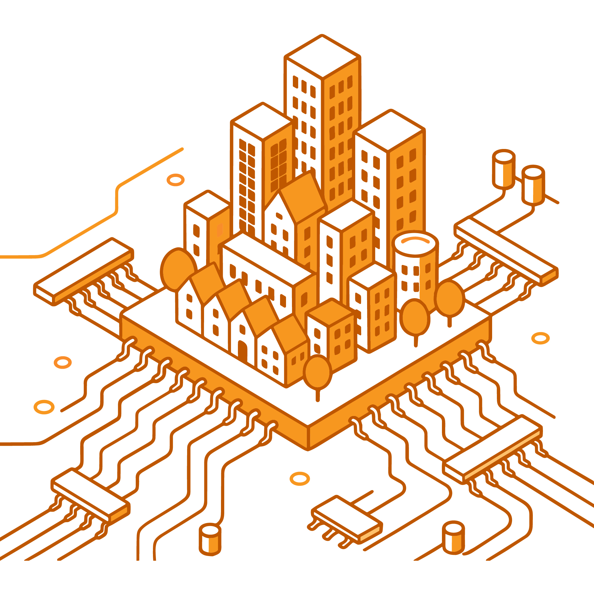 Illustration of city on a computer chip