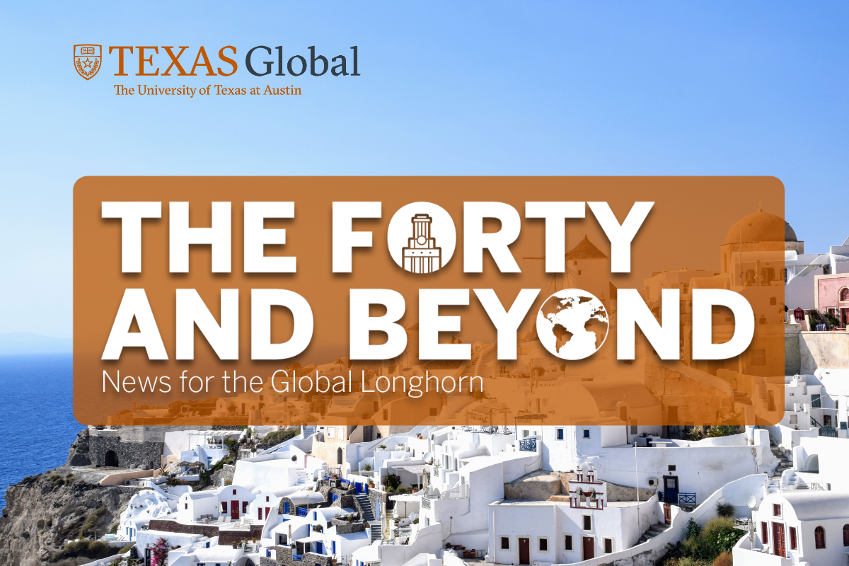 Text The Forty and Beyond with a photo of Santorini, Greece in the background.